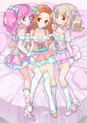  3girls :o absurdres aikatsu! aikatsu!_(series) aikatsu_on_parade! amahane_madoka asymmetrical_legwear back_bow blue_eyes blunt_bangs blush bow breasts choker cleavage clothing_cutout collarbone commentary corset dress dress_flower earrings flower flower_earrings footwear_bow forehead frills glove_bow gloves hair_flower hair_intakes hair_ornament hairbow highres idol idol_clothes jewelry kiseki_raki light_brown_hair long_hair looking_at_viewer miniskirt mismatched_legwear multicolored_eyes multiple_girls navel navel_cutout open_mouth orange_eyes orange_hair otoshiro_noel pink_eyes pink_hair red_eyes shoes sidelocks skirt sleeveless sleeveless_dress small_breasts smile thighhighs twintails ukke wavy_hair 