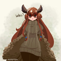  :o ? artist_name black_eyes brown_feathers brown_hair brown_sweater commentary english_commentary english_text feathered_wings feathers female glasses green_background hair_ornament harpy long_hair monster_girl murgoten no_pupils open_mouth original owl_ears owl_girl red-framed_eyewear ribbed_sweater round_eyewear simple_background solid_circle_eyes solo sweater turtleneck turtleneck_sweater very_long_hair white_background winged_arms wings 