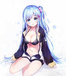  :o absurdres arm_support bad_id bad_pixiv_id bare_legs bikini bikini_top_only black_bikini blue_eyes blue_hair blush borrowed_clothes breasts cleavage collarbone cosplay dana_(hapong07) female flower_knot front-tie_top hair_ornament hair_scrunchie halterneck highres jacket large_breasts long_hair long_sleeves looking_at_viewer natsuki_subaru natsuki_subaru_(cosplay) navel one_side_up open_clothes open_jacket parted_lips photoshop_(medium) re:zero_kara_hajimeru_isekai_seikatsu rem_(re:zero) scrunchie sidelocks sitting solo stomach swimsuit thighs track_jacket very_long_hair yokozuwari 