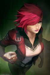  arcane:_league_of_legends arcane_vi asymmetrical_hair bandaged_arm bandages breasts clenched_hand facial_tattoo female freckles green_eyes highres jacket kopianget league_of_legends medium_breasts nose_piercing open_clothes open_jacket piercing pink_hair short_hair short_sleeves sidecut solo tattoo undercut vi_(league_of_legends) 