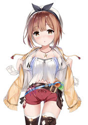  :o absurdres atelier_(series) atelier_ryza atelier_ryza_1 bad_id bad_pixiv_id belt belt_buckle beret black_ribbon blue_belt blush breasts brown_belt brown_eyes brown_hair brown_jacket buckle commentary_request drawstring female flask fuyuki030 hat highres jacket jewelry looking_at_viewer medium_breasts navel necklace open_clothes open_jacket parted_lips red_shorts reisalin_stout ribbon round-bottom_flask shirt short_shorts short_sleeves shorts simple_background sleeveless sleeveless_jacket solo star_(symbol) star_necklace thighhighs vial white_background white_hat white_shirt white_thighhighs 