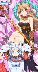  2girls animal_costume arm_guards bare_shoulders black_dress blue_eyes bow brown_eyes brown_hair cerberus chestnut_mouth collar cosplay crossed_legs dog_costume dress glitter greek_mythology green_bow grey_hair hades_(mythology) hades_(mythology)_(cosplay) hair_ornament hairbow hairclip highres himawari_(myslot) inoue_sora jewelry long_hair looking_at_viewer midori-chan_(myslot) multiple_girls myslot nail_polish purple_nails sitting staff two_side_up 