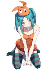  aqua_hair bare_shoulders between_legs blush breasts collarbone dress eyebrows_hidden_by_hair female food food_in_mouth frilled_dress frills full_body googly_eyes green_eyes hand_between_legs hat highres long_hair looking_at_viewer monogatari_(series) mouth_hold no_shoes ononoki_yotsugi orange_dress orange_hat popsicle popsicle_in_mouth short_dress simple_background sitting skindentation sleeveless sleeveless_dress small_breasts solo striped_clothes striped_thighhighs thick_eyebrows thighhighs twintails v_arms wariza white_background yotsugi zettai_ryouiki 