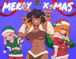  3girls abs absurdres aniwars bare_shoulders bell belt black_hair black_nails blitz_(aniwars) blonde_hair blue_eyes breasts brown_eyes cleavage collarbone dark-skinned_female dark_skin fake_antlers grin hat hellhound_(aniwars) highres large_breasts long_hair looking_at_viewer multicolored_hair multiple_girls muscular muscular_female navel neck_bell nova_(aniwars) orange_hair parted_lips pink_eyes pink_hair pointy_ears ponaners red_headwear santa_costume santa_hat smile teeth underboob 