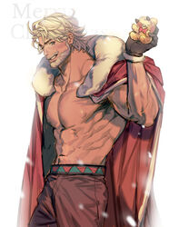  1boy abs arm_hair bara bare_pectorals beard blue_eyes brant0815 chest_hair christmas cookie_run eggnog_cookie facial_hair fur_trim humanization large_pectorals long_hair looking_at_viewer male_focus mature_male moustache muscular muscular_male navel open_clothes pectorals protected_link santa_costume smile solo stuffed_animal stuffed_toy teddy_bear thick_eyebrows white_hair 