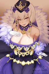  alternate_breast_size artist_name bare_shoulders black_hat breasts cleavage collar commentary cslucaris dress english_commentary female fire_emblem fire_emblem:_three_houses fire_emblem_heroes fur_trim gloves hair_ornament hat highres huge_breasts long_hair looking_at_viewer lysithea_von_ordelia lysithea_von_ordelia_(a_new_future) official_alternate_costume open_mouth patreon_username pink_eyes purple_collar purple_dress sitting smile solo watermark web_address white_gloves white_hair 