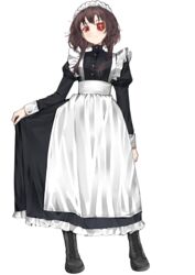  absurdres ai-nohikari alternate_costume apron black_hair blush bow brown_hair commentary dress english_commentary enmaided eyepatch female full_body highres kono_subarashii_sekai_ni_shukufuku_wo! looking_at_viewer maid maid_apron maid_headdress megumin puffy_sleeves red_eyes short_hair_with_long_locks simple_background solo white_background 