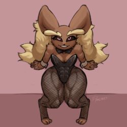  1:1 abs anthro athletic athletic_anthro athletic_female bow_(feature) bow_in_front bow_tie breasts brown_body brown_fur bunny_costume clothed clothing costume cuffs_(clothing) digital_media_(artwork) female fishnet_clothing fishnet_legwear freepancakes fur generation_4_pokemon hi_res lagomorph legwear long_ears looking_at_viewer lopunny lulu_(eztarg3t) mammal nintendo pokemon pokemon_(species) simple_background smile solo thick_thighs wide_hips 