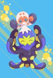  2019 abstract_background anthro astralfell blue_background blue_body blue_skin carrying_another cephalopod clobbopus closed_eyes coleoid evolutionary_family generation_8_pokemon grapploct hi_res level_difference marine mollusk nintendo on_head on_top pokemon pokemon_(species) raised_arm semi-anthro simple_background smaller_on_top suction_cup white_body white_skin yellow_background 