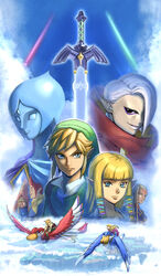  3boys 3girls absurdres black_eyes blonde_hair blue_eyes blue_hair blue_skin blue_sky cloud colored_skin day earrings fi_(zelda) floating_island flying furrowed_brow ghirahim green_headwear groose highres impa jewelry link loftwing looking_at_another looking_at_viewer master_sword multiple_boys multiple_girls pointy_ears princess_zelda red_eyes red_hair sidelocks sky smile sword takapon-o-ji the_legend_of_zelda the_legend_of_zelda:_skyward_sword time_paradox weapon white_hair yellow_eyes 