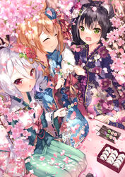  3girls :t animal_ear_fluff animal_ears antenna_hair black_hair blue_kimono blurry blurry_foreground blush braid brown_hair cat_ears cat_girl closed_eyes closed_mouth collarbone commentary_request crown_braid dango day depth_of_field eating elf floral_print flower food frilled_kimono frilled_sleeves frills fur_collar green_eyes green_hakama green_kimono hair_between_eyes hakama hakama_skirt highres holding holding_food japanese_clothes karyl_(new_year)_(princess_connect!) karyl_(princess_connect!) kimono kokkoro_(new_year)_(princess_connect!) kokkoro_(princess_connect!) long_sleeves multicolored_hair multiple_girls oerba_yun_fang onigiri open_mouth outdoors pecorine_(new_year)_(princess_connect!) pecorine_(princess_connect!) petals pink_flower pointy_ears princess_connect! print_kimono purple_kimono red_eyes rong_yi_tan sanshoku_dango seiza short_hair sitting skirt streaked_hair two-tone_kimono v-shaped_eyebrows wagashi wavy_mouth white_hair white_kimono wide_sleeves 