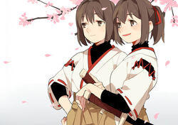  2girls branch breasts brown_eyes brown_hair brown_hakama cherry_blossoms closed_mouth commentary_request d.y.x. hair_ribbon hakama hakama_skirt hyuuga_(kancolle) ise_(kancolle) japanese_clothes kantai_collection katana multiple_girls nontraditional_miko open_mouth petals ponytail ribbon ribbon-trimmed_sleeves ribbon_trim sheath sheathed short_hair sidelocks skirt sword undershirt upper_body weapon 