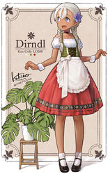  :d absurdres alternate_costume alternate_eye_color alternate_hairstyle apron bare_shoulders black_footwear blue_eyes blue_flower blush bodice bow braid character_name choker collarbone copyright_name corset cross-laced_clothes dark-skinned_female dark_skin detached_sleeves dirndl female flower flower_pot folding_table frilled_apron frills full_body german_clothes grey_hair hair_flower hair_ornament hair_over_shoulder highres kakinomai kantai_collection long_hair looking_away looking_to_the_side mary_janes medium_skirt off_shoulder open_mouth philodendron pigeon-toed plant potted_plant puffy_short_sleeves puffy_sleeves red_skirt ro-500_(kancolle) shiny_footwear shoes short_sleeves signature skirt smile socks solo standing table twin_braids twitter_username waist_apron white_bow white_socks wrist_cuffs 