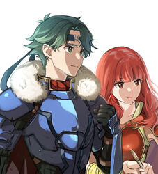  1boy alm_(fire_emblem) alm_(imperial_ascent)_(fire_emblem) armor cape celica_(fire_emblem) celica_(warrior_princess)_(fire_emblem) closed_mouth commentary female fire_emblem fire_emblem_echoes:_shadows_of_valentia fire_emblem_gaiden fire_emblem_heroes fur_trim green_eyes green_hair highres holding long_hair misu_kasumi red_eyes red_hair short_hair simple_background upper_body white_background 