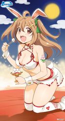  animal_ears arm_tattoo bare_shoulders bikini bow breasts brown_eyes brown_hair cleavage cloud collar cuff_links female food green_bow hair_ornament hairbow hairclip highres inoue_sora kneeling long_hair looking_at_viewer midori-chan_(myslot) mochi myslot open_mouth over-kneehighs rabbit_ears rabbit_girl rabbit_tail smile solo swimsuit tail tattoo thighhighs two_side_up white_thighhighs wrist_cuffs 