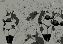  absurdres ahoge bikini black_bikini black_jacket blush breasts choker cleavage closed_mouth commentary cropped_jacket fate/grand_order fate_(series) female gloves grey_background hand_on_own_hip highres huge_breasts jacket jeanne_d&#039;arc_alter_(fate) jeanne_d&#039;arc_alter_(swimsuit_berserker)_(fate) line_art long_hair looking_at_viewer multiple_views o-ring o-ring_bikini open_mouth shrug_(clothing) simple_background swimsuit thighhighs thighs try_(lsc) very_long_hair 