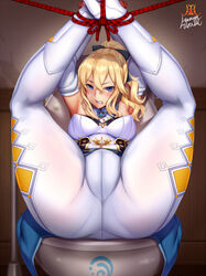  arms_up ass ass_focus black_bow blonde_hair blue_capelet blue_eyes bound bound_ankles bound_wrists bow breasts capelet clenched_teeth detached_collar detached_sleeves female genshin_impact hair_between_eyes hairbow ikemura_hiroichi jean_(genshin_impact) large_breasts legs_up long_hair looking_at_viewer paid_reward_available pants ponytail restrained rope scowl signature sitting solo teeth tight_clothes tight_pants toilet toilet_seat white_pants white_sleeves 