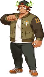  1boy animal_ears backwards_hat bara biceps brown_eyes brown_hair casual closed_mouth cow_boy cow_ears cow_horns dark-skinned_male dark_skin eye_black facepaint facial_hair fiery_horns forked_eyebrows full_body goatee hat horns jacket kuro_nezumi_inu large_pectorals letterman_jacket long_sleeves male_focus muscular muscular_male native_american official_alternate_costume official_art pectoral_cleavage pectorals pointing pointing_at_self shoes short_hair sneakers solo standing tachi-e thick_eyebrows thick_thighs thighs third-party_source tokyo_afterschool_summoners transparent_background wakan_tanka 