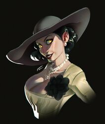  alcina_dimitrescu black_hair breasts cleavage commentary dress earrings english_commentary evil_smile female flower hat highres jewelry looking_at_viewer luzdanaee necklace pearl_necklace resident_evil resident_evil_village rose short_hair smile yellow_eyes 