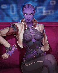  alien annoyed aria_t&#039;loak asari_(mass_effect) black_gloves blue_eyes breasts cleavage colored_skin commission cup female fingerless_gloves gloves hand_on_own_stomach holding holding_cup looking_at_viewer mass_effect_(series) mass_effect_3 medium_breasts nesoun parted_lips pink_skin science_fiction sitting solo tentacle_hair 