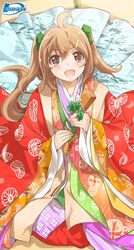  :d ahoge bow brown_eyes brown_hair female from_above green_bow hair_ornament hairbow hairclip hand_fan highres inoue_sora japanese_clothes karaginu_mo kimono layered_clothes layered_kimono long_hair looking_at_viewer looking_up midori-chan_(myslot) myslot open_mouth seiza sitting smile solo tatami two_side_up 