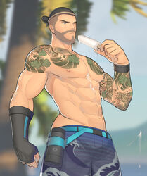  1boy abs bara bare_shoulders beard black_eyes black_hair blue_male_swimwear facial_hair gloves hanzo_(overwatch) highres holding hunterkay large_pectorals long_hair male_focus male_swimwear mature_male melting moustache muscular muscular_male navel official_alternate_costume one_eye_closed overwatch overwatch_1 pectorals ponytail solo swim_trunks tattoo topless_male 