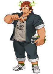  1boy american_football american_football_helmet animal_ears bara brown_eyes brown_hair casual closed_mouth cow_boy cow_ears cow_horns dark-skinned_male dark_skin eye_black facepaint facial_hair feather_necklace fiery_horns forked_eyebrows full_body gakuran goatee grey_tank_top helmet horns jewelry kuro_nezumi_inu large_pectorals male_focus muscular muscular_male native_american necklace official_alternate_costume official_art pectoral_cleavage pectorals pointing pointing_at_self school_uniform shoes short_hair sneakers socks solo standing tachi-e tank_top thick_eyebrows thick_thighs thighs third-party_source tokyo_afterschool_summoners transparent_background wakan_tanka 