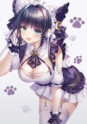  :d animal_ears azur_lane black_hair blue_eyes breasts cat_ears cheshire_(azur_lane) cleavage cowboy_shot detached_sleeves dress earrings fake_animal_ears female frilled_dress frills garter_straps hand_up highres jewelry large_breasts leaning_forward looking_at_viewer maid_headdress mellozzo multicolored_hair oerba_yun_fang open_mouth paw_background short_hair sidelocks smile solo streaked_hair stud_earrings thighhighs two-tone_dress white_background white_legwear wrist_cuffs zettai_ryouiki 