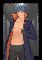  1boy abs absurdres bad_id bad_pixiv_id bara black_gloves black_pants blue_hair brown_eyes coat fate/grand_order fate_(series) fingerless_gloves gloves highres hunterkay looking_at_viewer male_focus mature_male muscular muscular_male navel open_clothes open_coat pants pectoral_cleavage pectorals saitou_hajime_(fate) smile solo 