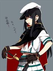  black_cape black_hair brown_gloves cape commentary_request cosplay d.y.x. eyepatch female gloves grey_background hair_down hand_on_own_hip hat holding holding_sword holding_weapon kantai_collection kiso_(kancolle) kiso_(kancolle)_(cosplay) kitakami_(kancolle) long_hair neckerchief open_mouth pleated_skirt purple_eyes red_neckerchief sailor_collar school_uniform serafuku short_sleeves sidelocks simple_background skirt solo sword translated weapon white_hat 