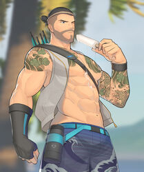  1boy abs bara bare_pectorals bare_shoulders beard black_eyes black_hair blue_male_swimwear facial_hair food_on_body gloves grey_vest hanzo_(overwatch) highres holding hunterkay large_pectorals long_hair male_focus male_swimwear mature_male melting muscular muscular_male navel official_alternate_costume one_eye_closed open_clothes open_vest overwatch overwatch_1 pectorals ponytail quiver solo swim_trunks tattoo vest 