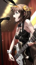  animal_ears bare_shoulders black_bow black_bowtie black_leotard black_pantyhose blurry blurry_background bow bowtie breasts brown_eyes brown_hair chorogon collar commentary detached_collar electric_guitar eyebrows_hidden_by_hair fake_animal_ears female from_side god_knows... guitar hair_ribbon hairband highres holding holding_instrument holding_plectrum indoors instrument leotard medium_breasts medium_hair microphone microphone_stand music open_mouth pantyhose playboy_bunny playing_instrument plectrum rabbit_ears red_curtains ribbon saliva short_hair singing solo stage stage_curtains stage_lights suzumiya_haruhi suzumiya_haruhi_no_yuuutsu teeth white_collar wrist_cuffs yellow_hairband yellow_ribbon 