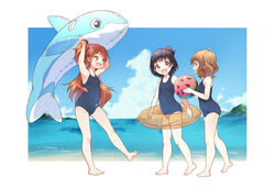  3girls arms_up ball barefoot beach beachball black_hair black_one-piece_swimsuit blue_sky blurry blurry_background brown_eyes brown_hair cloud cloudy_sky competition_school_swimsuit covered_navel day depth_of_field english_commentary hair_bobbles hair_ornament holding holding_ball holding_swim_ring horizon idolmaster idolmaster_million_live! inflatable_orca inflatable_toy innertube looking_at_another looking_back multiple_girls nakatani_iku new_school_swimsuit ocean ogami_tamaki old_school_swimsuit one-piece_swimsuit one_side_up open_mouth outdoors outside_border school_swimsuit short_hair sky smile standing standing_on_one_leg suou_momoko swim_ring swimsuit tint_me_(idolmaster) toma_(shinozaki) watermelon_beachball 