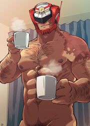  1boy abs arm_hair bara chest_hair coffee cup facing_viewer helmet highres indoors large_pectorals live_a_hero male_focus male_pubic_hair mature_male mug muscular muscular_male navel nipples nude pectorals pubic_hair sawch_cls scar scar_on_face smile solo upper_body victom_(live_a_hero) 