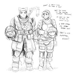  1:1 2020 anthro armor boots canid canine canis clothing domestic_dog duo electronic_arts english_text eye_roll female footwear fox headgear helmet hi_res hladilnik mammal monochrome peggy_patterson pilot_(titanfall) respawn_entertainment samantha_thott text titanfall 