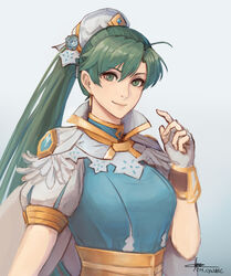  alternate_costume blue_dress cm_lynarc dress earrings feather_trim female fingerless_gloves fire_emblem fire_emblem:_the_blazing_blade fire_emblem_heroes gloves green_eyes green_hair high_ponytail jewelry long_hair looking_at_viewer lyn_(fire_emblem) lyn_(resplendent)_(fire_emblem) official_alternate_costume ponytail smile white_gloves 