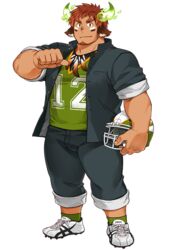  1boy american_football american_football_helmet animal_ears bara brown_eyes brown_hair closed_mouth cow_boy cow_ears cow_horns dark-skinned_male dark_skin eye_black facepaint facial_hair feather_necklace fiery_horns forked_eyebrows full_body gakuran goatee helmet horns jersey jewelry kuro_nezumi_inu large_pectorals male_focus muscular muscular_male native_american necklace official_alternate_costume official_art pectorals pointing pointing_at_self school_uniform shoes short_hair sneakers socks solo standing tachi-e thick_eyebrows thick_thighs thighs third-party_source tokyo_afterschool_summoners transparent_background wakan_tanka 