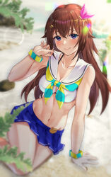  absurdres apple_t_(ringotyasan) blue_eyes blush bow bracelet breasts brown_hair cleavage diamond_hair_ornament female hair_flaps hair_ornament hair_ribbon hairbow hairclip highres hololive jewelry large_breasts long_hair looking_at_viewer navel official_alternate_costume red_ribbon ribbon skirt solo star_(symbol) star_hair_ornament swimsuit tokino_sora tokino_sora_(hololive_summer_2019) virtual_youtuber 