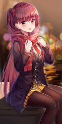  :o black_coat black_pantyhose black_shirt blurry bokeh breasts breath brown_pantyhose brown_skirt buttons coat commentary_request depth_of_field dress_shirt duffel_coat female fringe_trim girls&#039;_frontline hair_ornament hands_up highres lkeris long_hair long_sleeves looking_at_viewer medium_breasts miniskirt necktie official_alternate_costume one_side_up open_clothes open_coat open_mouth pantyhose photoshop_(medium) plaid plaid_skirt pleated_skirt print_scarf red_eyes red_hair red_necktie red_scarf scarf shirt sitting skirt snowflake_hair_ornament snowflake_print solo undershirt very_long_hair wa2000_(date_in_the_snow)_(girls&#039;_frontline) wa2000_(girls&#039;_frontline) white_shirt yellow_skirt 