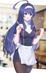  :d absurdres antenna_hair apron artist_name blue_eyes blue_hair blurry blurry_background breasts cafe commentary_request cowboy_shot crossed_bangs dark_blue_hair female hair_between_eyes hand_up headband highres holding holding_notepad holding_pen long_hair multicolored_eyes notepad nun open_mouth orie_ballardiae_harada pantyhose pen sakotach short_sleeves smile solo standing taking_order under_night_in-birth uniform waitress white_headband 