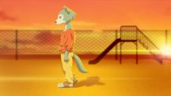  16:9 3d_(artwork) anthro beastars blue_eyes bottomwear broken canid canine canis clothed clothing cloud dark_side digital_media_(artwork) dirt evening footwear fur grey_body grey_fur ground hi_res legoshi_(beastars) light male mammal net orange_co. pants photo_background photography_(artwork) railing red_clothing shadow shoes side_view silhouette sky slide solo stage street_lamp sun walking white_body white_clothing white_footwear white_fur white_shoes widescreen wolf xdzy111 yellow_bottomwear yellow_clothing yellow_pants 