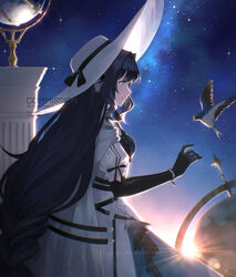  arknights astesia_(arknights) astesia_(starseeker)_(arknights) bird black_gloves black_ribbon blue_eyes blue_hair blue_sky bluebird breasts cape celestial_globe commission constellation cowboy_shot dress elbow_gloves female from_side globe gloves hat hat_ribbon highres large_hat long_hair nebula night night_sky profile ribbon short_sleeves sky small_breasts smile solo star_(sky) starry_sky sunlight swallow_(bird) velephyr very_long_hair white_cape white_dress white_hat 