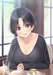  :d black_eyes black_hair black_sweater blurry blush breasts chair cleavage collarbone commentary_request crossed_arms cup depth_of_field drinking_glass earrings female highres ice jewelry large_breasts looking_at_viewer menu necklace original restaurant short_hair smile solo sweater table water window yamakaze_ran 