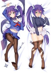  ameno_sagiri_(yuragisou_no_yuuna-san) arm_up bed_sheet between_legs black_scarf black_sweater blue_serafuku blue_shirt blue_skirt blush breasts brown_legwear clothes_lift clothes_pull collared_shirt covering_crotch covering_privates dakimakura_(medium) female from_above full_body green_eyes hair_between_eyes hand_between_legs holding holding_weapon kunai large_breasts layered_skirt long_hair lying midriff miniskirt moeanime multiple_views navel neckerchief no_shoes on_back open_mouth panties pantyhose pantyhose_pull pleated_skirt purple_hair red_neckerchief sailor_collar sailor_shirt scarf school_uniform serafuku shiny_clothes shiny_legwear shirt side_ponytail skirt skirt_lift split_screen stomach sweater sweater_lift thighband_pantyhose torn_clothes torn_pantyhose underwear very_long_hair wavy_mouth weapon white_panties white_sailor_collar white_skirt yuragisou_no_yuuna-san 