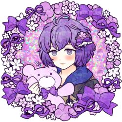  ahoge bernadetta_von_varley blush bow bright_pupils commentary_request eyebrows_hidden_by_hair female fire_emblem fire_emblem:_three_houses flower hair_flower hair_ornament hairbow highres holding holding_stuffed_toy m0fa0 messy_hair purple_bow purple_eyes purple_hair purple_ribbon ribbon short_hair solo stuffed_animal stuffed_toy teddy_bear white_background 