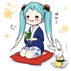  ... 1other =_= abbreviated_karakusa aqua_hair blue_kimono blush body_writing borrowed_design commentary cup cushion facial_mark female fish_(food) floral_background food food-themed_hair_ornament full_body ginger_root gradient_hair green_tea hair_ornament hatsune_miku holding holding_cup japanese_clothes kimono kotobuki0101 long_hair makizushi multicolored_hair nigirizushi open_mouth puff_of_air rabbit rabbit_yukine roe seiza shorts sitting smile steam sushi tea teacup twintails vocaloid white_background white_shorts yuki_miku yuki_miku_(2022)_(applicant) 