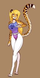  absurd_res amber_eyes anthro athletic_wear blonde_hair breasts cheetah clothing exercise_clothing felid feline female fitness fur hair hi_res legwear leotard long_hair mammal mihari orange_body orange_fur scorpdk solo spots text text_on_clothing text_on_topwear tights topwear 