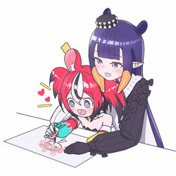  2girls absurdres animal_ears black_hair blue_eyes collar commentary drawing hair_ornament hakos_baelz hakos_baelz_(1st_costume) hashtag-only_commentary hat highres hololive hololive_english long_hair long_sleeves mini_hat mouse_ears mouse_girl multicolored_hair multiple_girls ninomae_ina&#039;nis ninomae_ina&#039;nis_(party_dress) official_alternate_costume pointy_ears purple_hair red_hair reylan520 ribbon spiked_collar spikes streaked_hair tentacle_hair twintails virtual_youtuber white_hair 