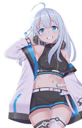  ahoge armpits asymmetrical_hair asymmetrical_legwear bare_shoulders belt belt_buckle black_legwear black_shorts black_vest blue_eyes blunt_bangs blush breasts buckle commentary_request cowboy_shot cropped_vest female grin groin hair_between_eyes hand_up head_tilt headphones headphones_around_neck highres holding holding_headphones jacket long_hair long_sleeves looking_at_viewer medium_breasts midriff mismatched_legwear navel off_shoulder open_clothes open_jacket original power_symbol short_shorts shorts sidelocks simple_background sirokuro_toho skindentation smile solo standing stomach taut_clothes thigh_gap thighhighs underbust vest white_background white_belt white_hair white_jacket white_legwear 