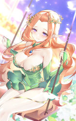  breasts calder cleavage detached_sleeves dress elbow_gloves elf female fingerless_gloves gloves green_dress green_gloves hair_ornament highres jewelry large_breasts legs_together necklace parted_bangs pointy_ears purple_eyes red_hair sitting smile swing swinging thighs vow_of_heroes 